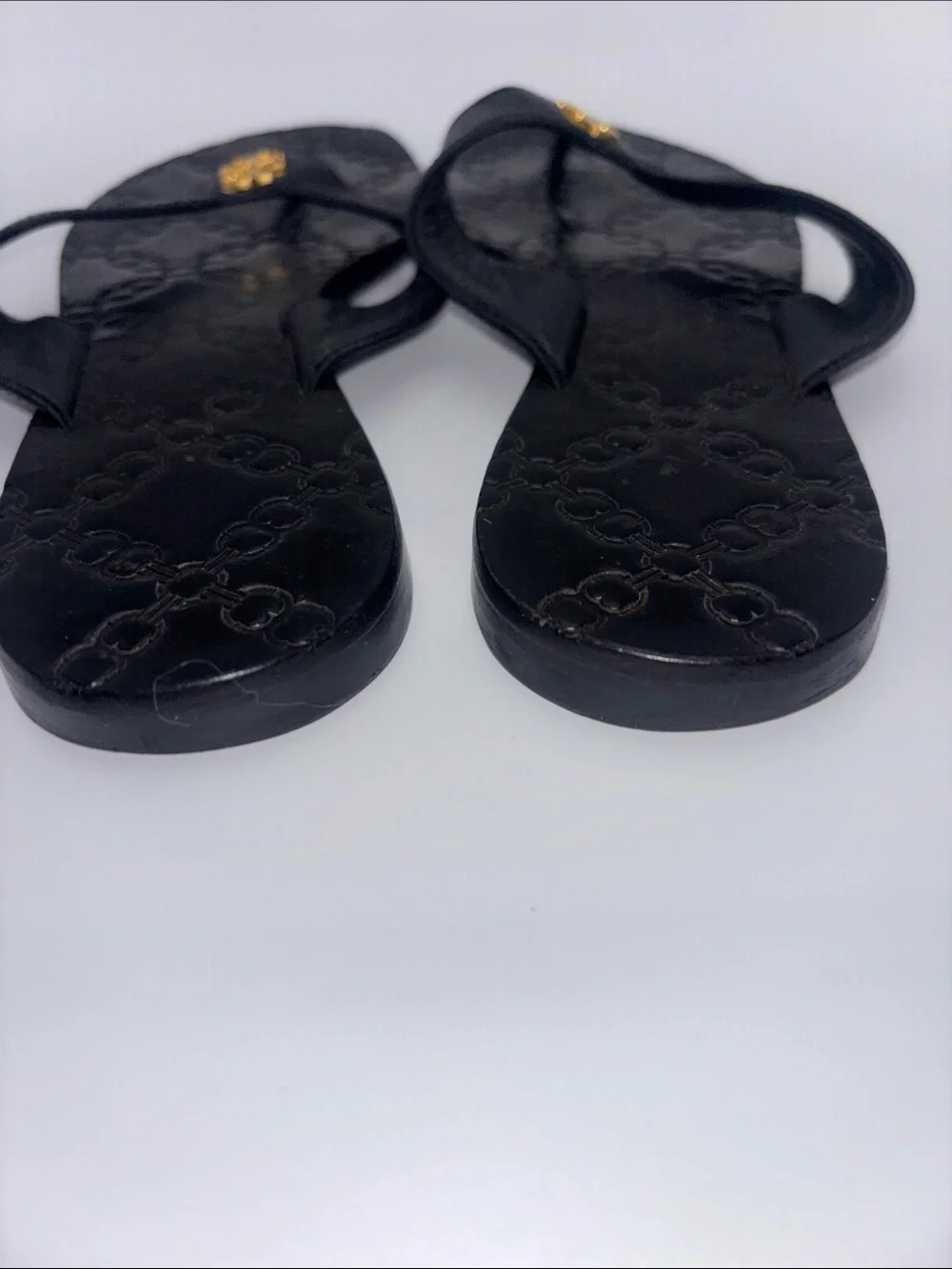 Tory Burch Black Leather Logo Thong Sandals with Gold Emblem